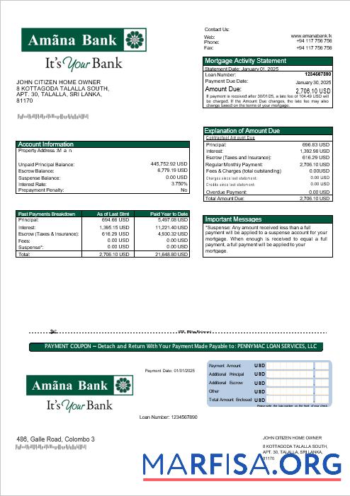 Blank Sri Lanka Amana bank mortgage statement in Word and PDF formats real example